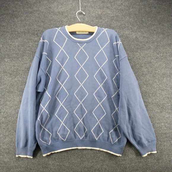 John Ashford Men's Pullover Golf Sweater Blue XL Diamond Argyle Crew Neck Cotton - Picture 2 of 13